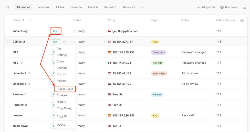 GoLogin users are able to launch profiles remotely on a safe cloud server.