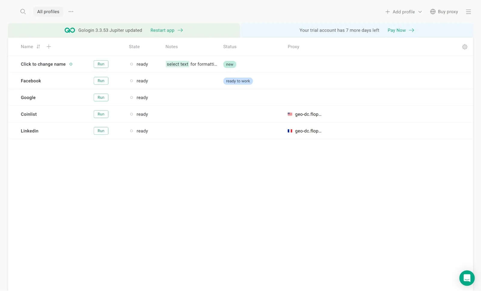 Interface do Gologin