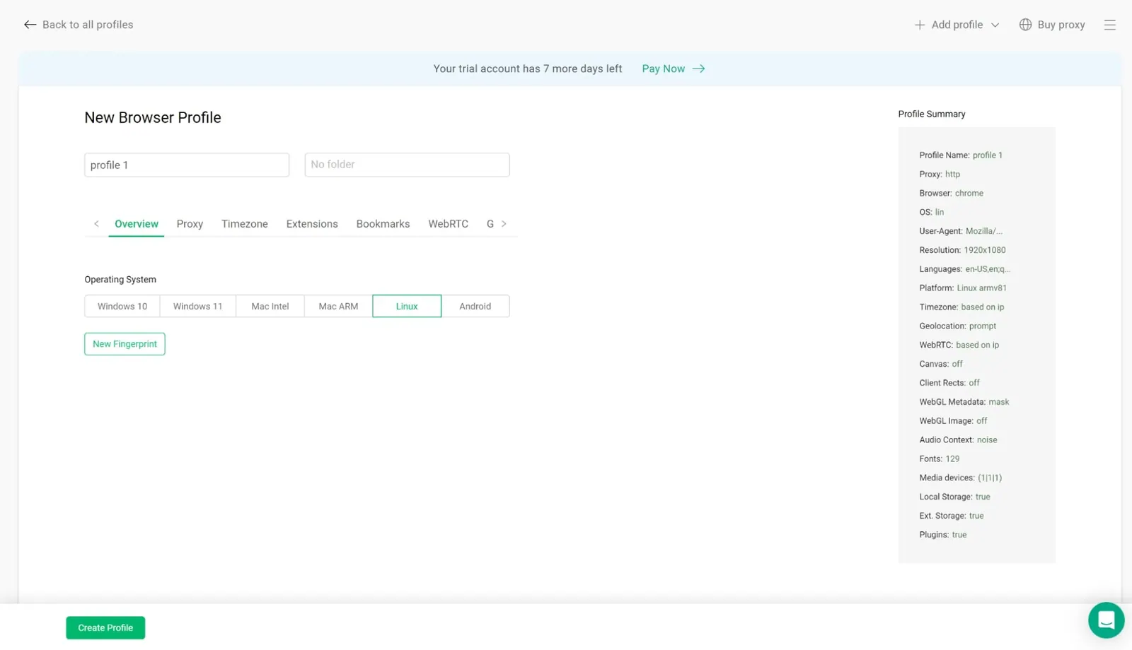 Criação de um novo perfil no Gologin
