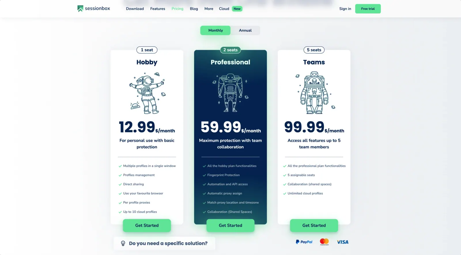SessionBox pricing plans